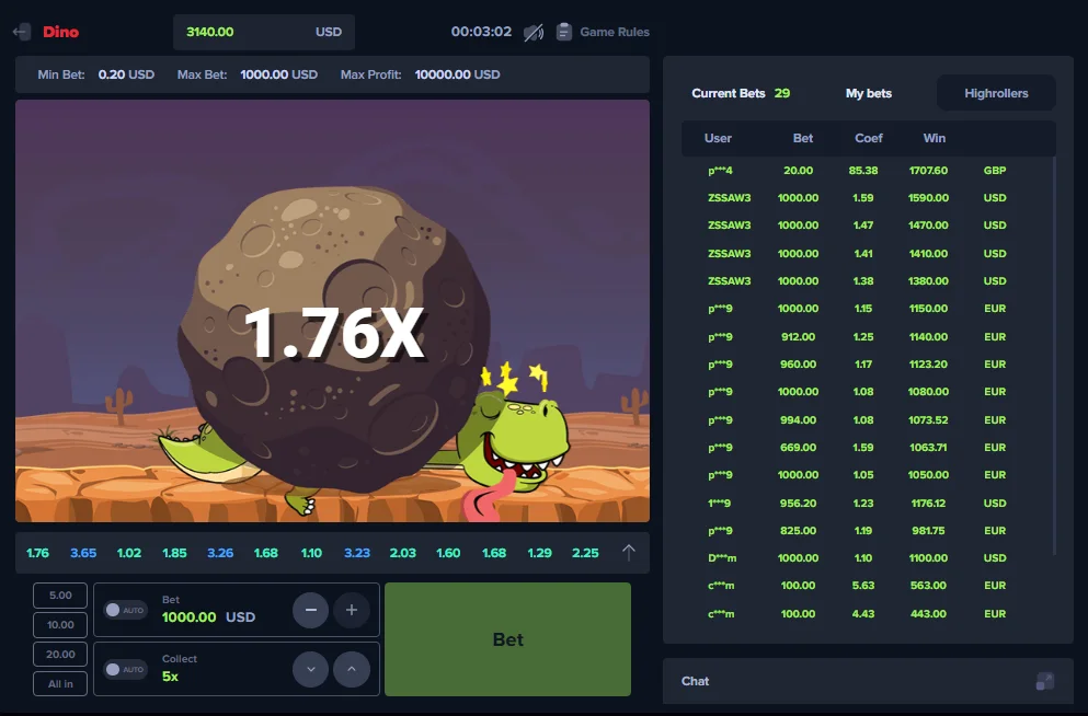 Dino MyStake Crash Game asteroid impact at 1.76x with high rollers and win list