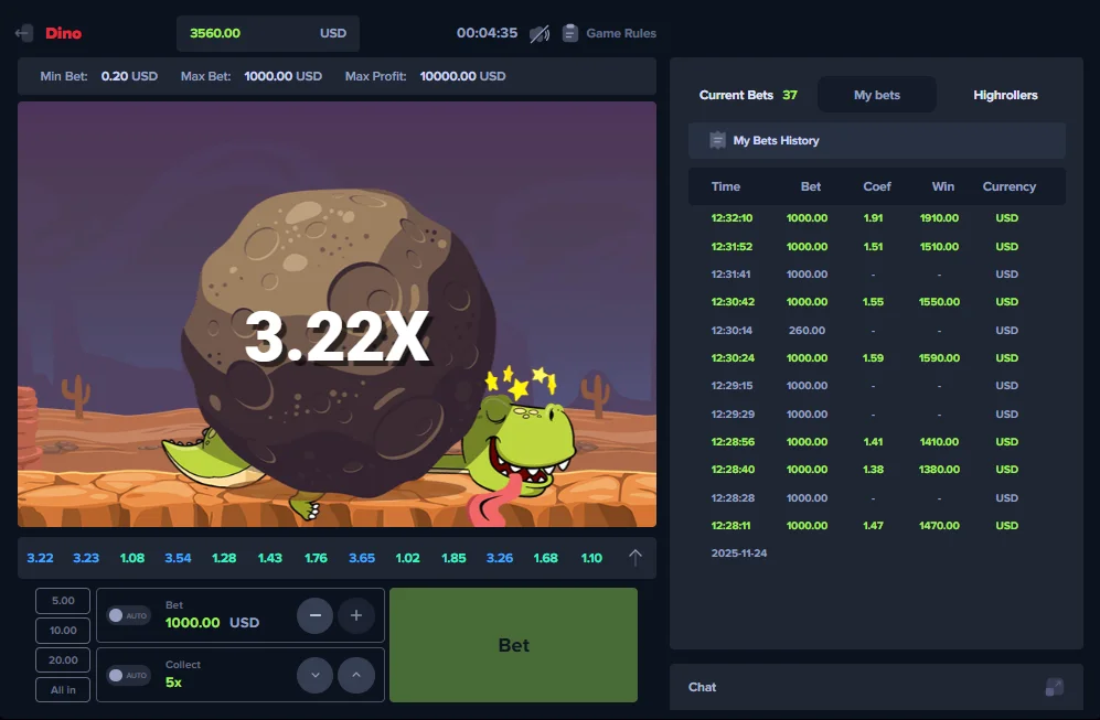 MyStake Dino Crash Game round reaching 3.22x multiplier with full bet history on the right