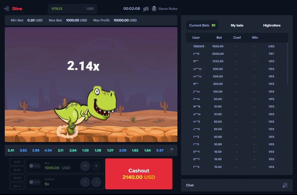 Dino MyStake Crash Game running round with 2.14x multiplier and live bets on screen