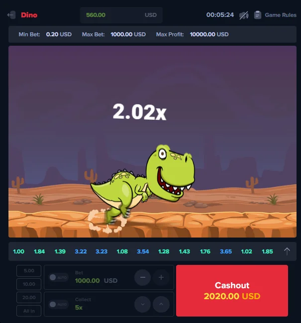 Dino Crash Game running dinosaur animation with 2.02x multiplier and cashout button